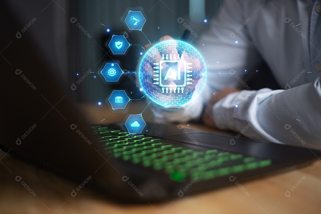 Dedo do empresário executivo apontando para tela virtual mostrando