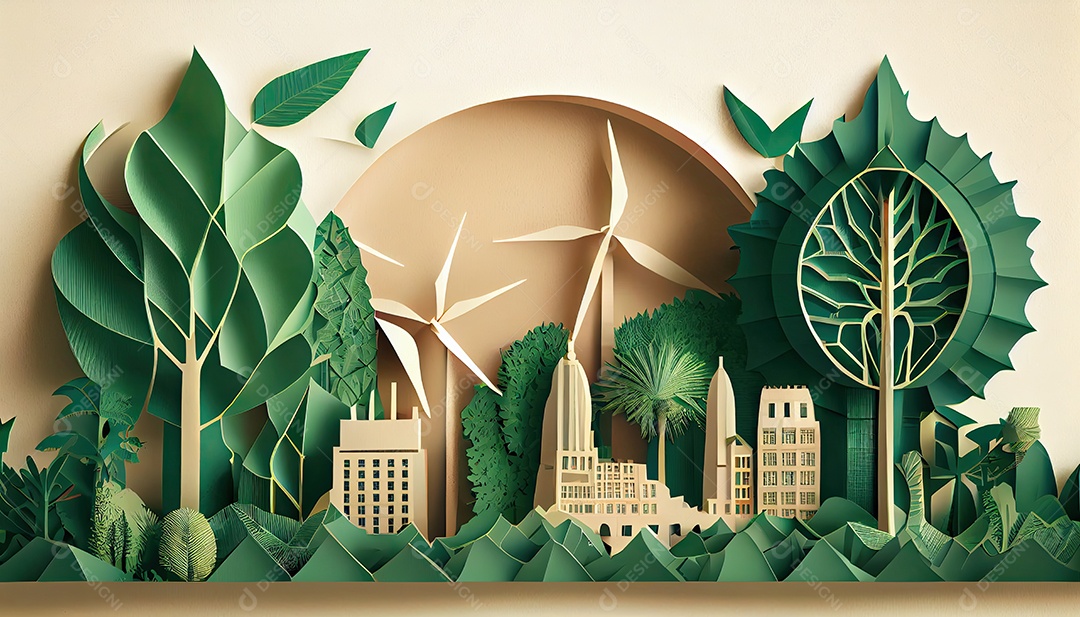 Imagem de folha verde no estilo de arte de papel com árvores, silhuetas de construção de cidades, moinhos de vento e painéis solares. a preservação da ecologia. uma ideia de energia verde Dia da Terra a importância de amar a natureza