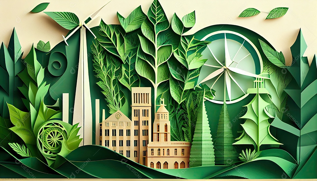 Imagem de folha verde no estilo de arte de papel com árvores, silhuetas de construção de cidades, moinhos de vento e painéis solares. a preservação da ecologia. uma ideia de energia verde Dia da Terra a importância de amar a natureza