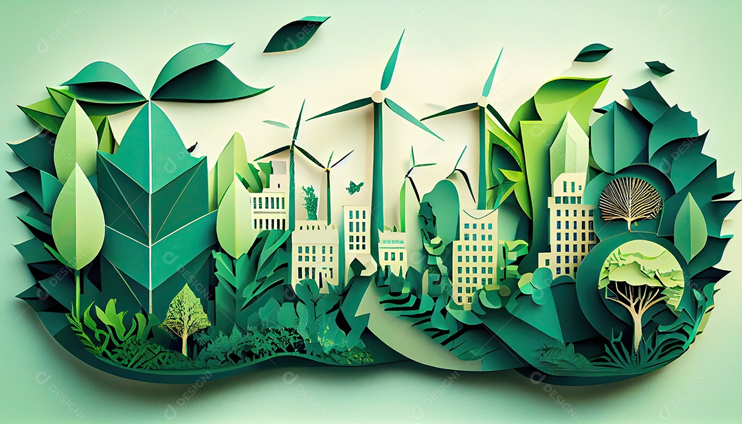 Imagem de folha verde no estilo de arte de papel com árvores, silhuetas de construção de cidades, moinhos de vento e painéis solares. a preservação da ecologia. uma ideia de energia verde Dia da Terra a importância de amar a natureza