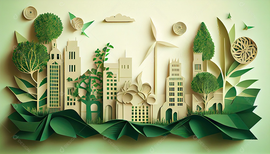 Imagem de folha verde no estilo de arte de papel com árvores, silhuetas de construção de cidades, moinhos de vento e painéis solares. a preservação da ecologia. uma ideia de energia verde Dia da Terra a importância de amar a natureza