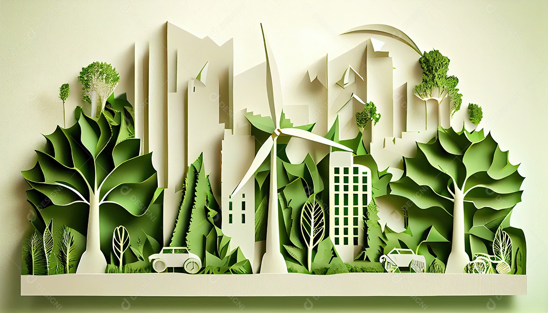 Imagem de folha verde no estilo de arte de papel com árvores, silhuetas de construção de cidades, moinhos de vento e painéis solares. a preservação da ecologia. uma ideia de energia verde Dia da Terra a importância de amar a natureza