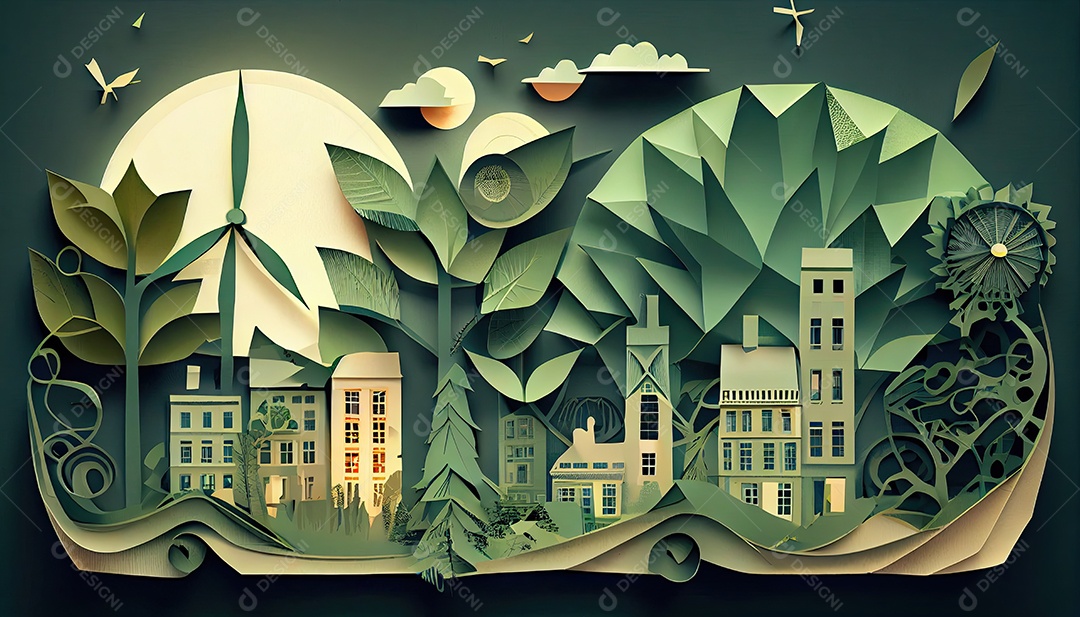 Imagem de folha verde no estilo de arte de papel com árvores, silhuetas de construção de cidades, moinhos de vento e painéis solares. a preservação da ecologia. uma ideia de energia verde Dia da Terra a importância de amar a natureza