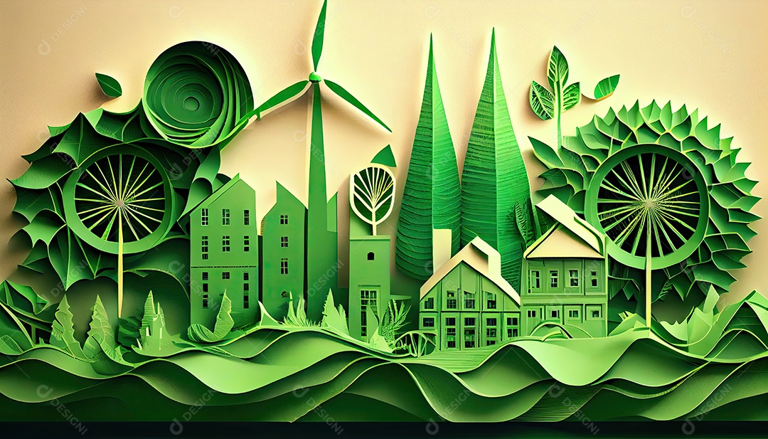 Imagem de folha verde no estilo de arte de papel com árvores, silhuetas de construção de cidades, moinhos de vento e painéis solares. a preservação da ecologia. uma ideia de energia verde Dia da Terra a importância de amar a natureza