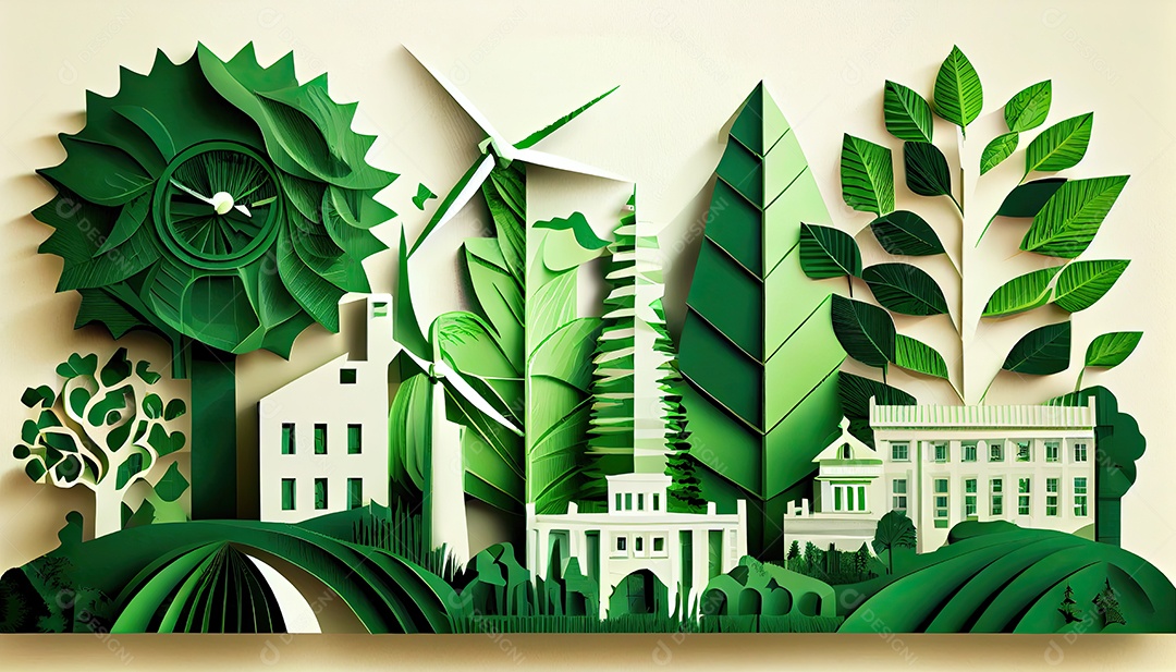 Imagem de folha verde no estilo de arte de papel com árvores, silhuetas de construção de cidades, moinhos de vento e painéis solares. a preservação da ecologia. uma ideia de energia verde Dia da Terra a importância de amar a natureza