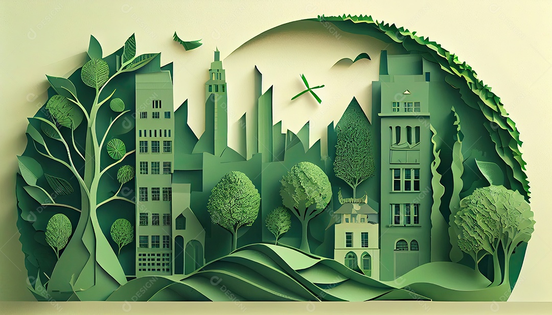 Imagem de folha verde no estilo de arte de papel com árvores, silhuetas de construção de cidades, moinhos de vento e painéis solares. a preservação da ecologia. uma ideia de energia verde Dia da Terra a importância de amar a natureza