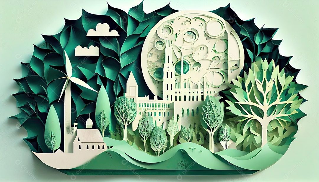 Imagem de folha verde no estilo de arte de papel com árvores, silhuetas de construção de cidades, moinhos de vento e painéis solares. a preservação da ecologia. uma ideia de energia verde Dia da Terra a importância de amar a natureza