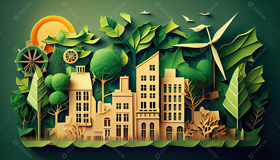 Imagem de folha verde no estilo de arte de papel com árvores, silhuetas de construção de cidades, moinhos de vento e painéis solares. a preservação da ecologia. uma ideia de energia verde Dia da Terra a importância de amar a natureza