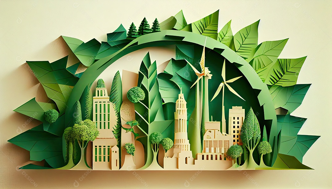 Imagem de folha verde no estilo de arte de papel com árvores, silhuetas de construção de cidades, moinhos de vento e painéis solares. a preservação da ecologia. uma ideia de energia verde Dia da Terra a importância de amar a natureza