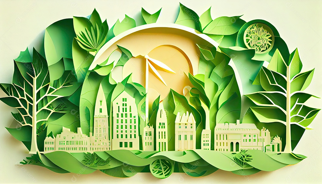 Imagem de folha verde no estilo de arte de papel com árvores, silhuetas de construção de cidades, moinhos de vento e painéis solares. a preservação da ecologia. uma ideia de energia verde Dia da Terra a importância de amar a natureza