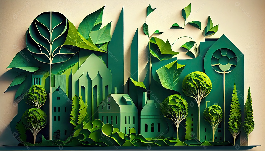 Imagem de folha verde no estilo de arte de papel com árvores, silhuetas de construção de cidades, moinhos de vento e painéis solares. a preservação da ecologia. uma ideia de energia verde Dia da Terra a importância de amar a natureza