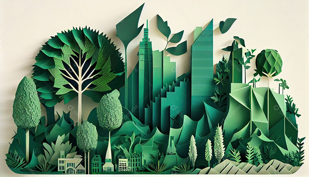 Imagem de folha verde no estilo de arte de papel com árvores, silhuetas de construção de cidades, moinhos de vento e painéis solares. a preservação da ecologia. uma ideia de energia verde Dia da Terra a importância de amar a natureza