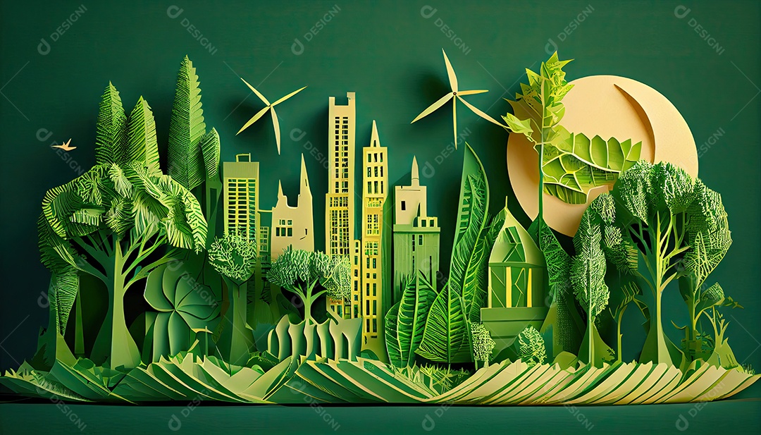 Imagem de folha verde no estilo de arte de papel com árvores, silhuetas de construção de cidades, moinhos de vento e painéis solares. a preservação da ecologia. uma ideia de energia verde Dia da Terra a importância de amar a natureza