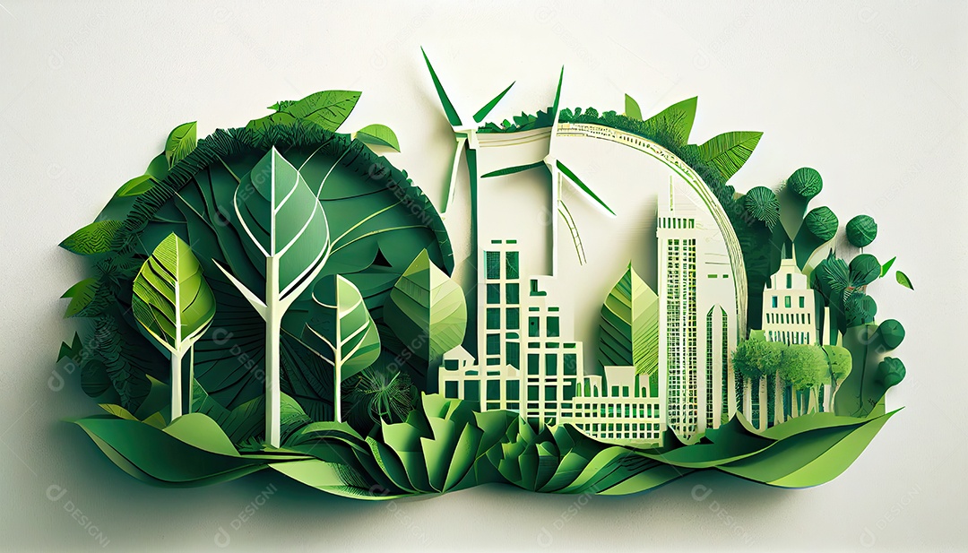 Imagem de folha verde no estilo de arte de papel com árvores, silhuetas de construção de cidades, moinhos de vento e painéis solares. a preservação da ecologia. uma ideia de energia verde Dia da Terra a importância de amar a natureza