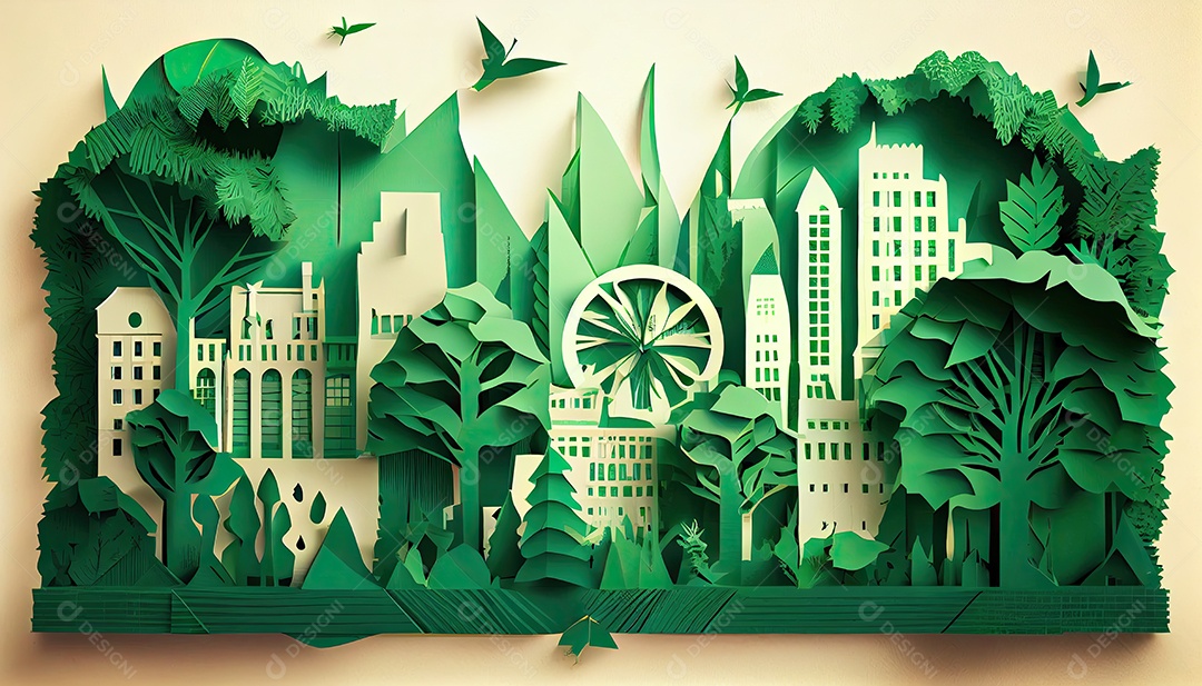 Imagem de folha verde no estilo de arte de papel com árvores, silhuetas de construção de cidades, moinhos de vento e painéis solares. a preservação da ecologia. uma ideia de energia verde Dia da Terra a importância de amar a natureza