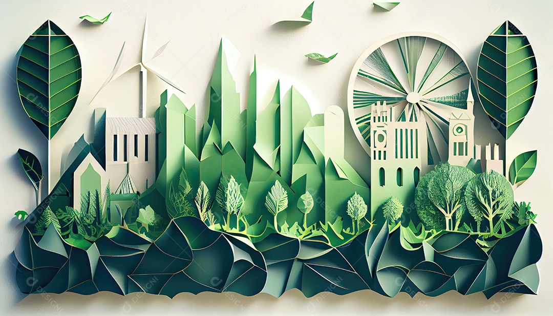 Imagem de folha verde no estilo de arte de papel com árvores, silhuetas de construção de cidades, moinhos de vento e painéis solares. a preservação da ecologia. uma ideia de energia verde Dia da Terra a importância de amar a natureza