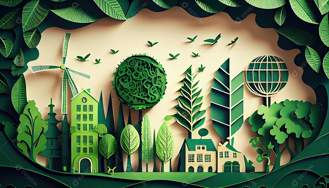 Imagem de folha verde no estilo de arte de papel com árvores, silhuetas de construção de cidades, moinhos de vento e painéis solares. a preservação da ecologia. uma ideia de energia verde Dia da Terra a importância de amar a natureza