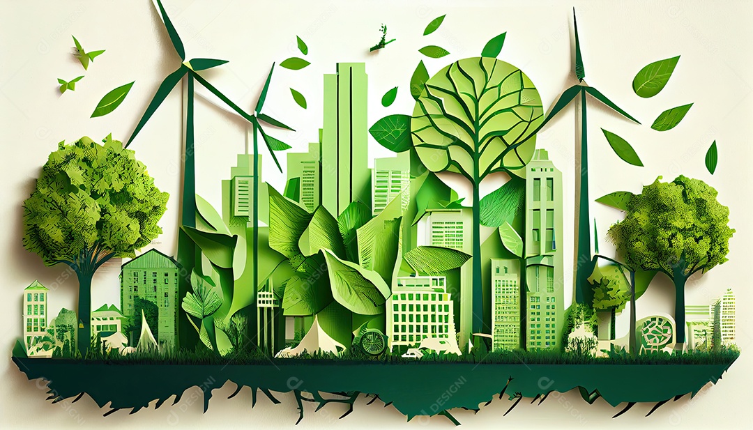 Imagem de folha verde no estilo de arte de papel com árvores, silhuetas de construção de cidades, moinhos de vento e painéis solares. a preservação da ecologia. uma ideia de energia verde Dia da Terra a importância de amar a natureza