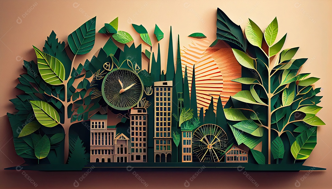 Imagem de folha verde no estilo de arte de papel com árvores, silhuetas de construção de cidades, moinhos de vento e painéis solares. a preservação da ecologia. uma ideia de energia verde Dia da Terra a importância de amar a natureza