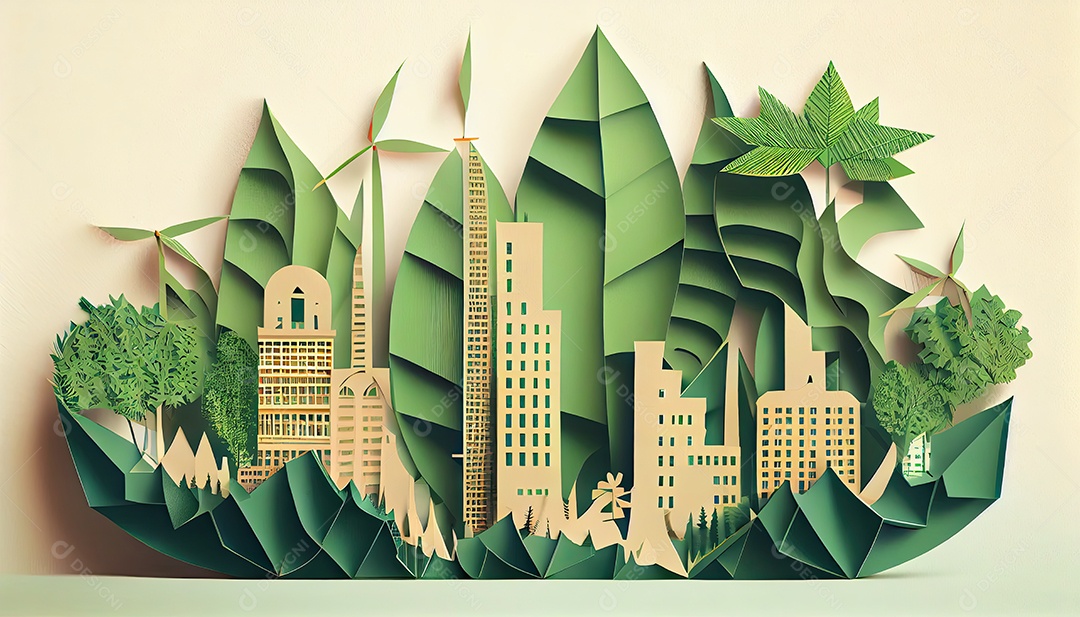 Imagem de folha verde no estilo de arte de papel com árvores, silhuetas de construção de cidades, moinhos de vento e painéis solares. a preservação da ecologia. uma ideia de energia verde Dia da Terra a importância de amar a natureza