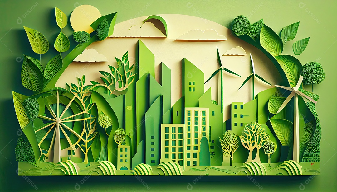 Imagem de folha verde no estilo de arte de papel com árvores, silhuetas de construção de cidades, moinhos de vento e painéis solares. a preservação da ecologia. uma ideia de energia verde Dia da Terra a importância de amar a natureza