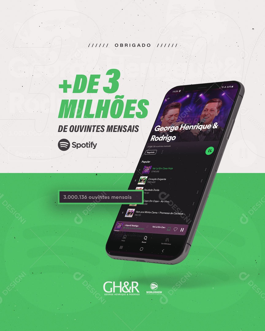 +3 Milhões de Ouvintes Mensais no Spotify Social Media PSD Editável
