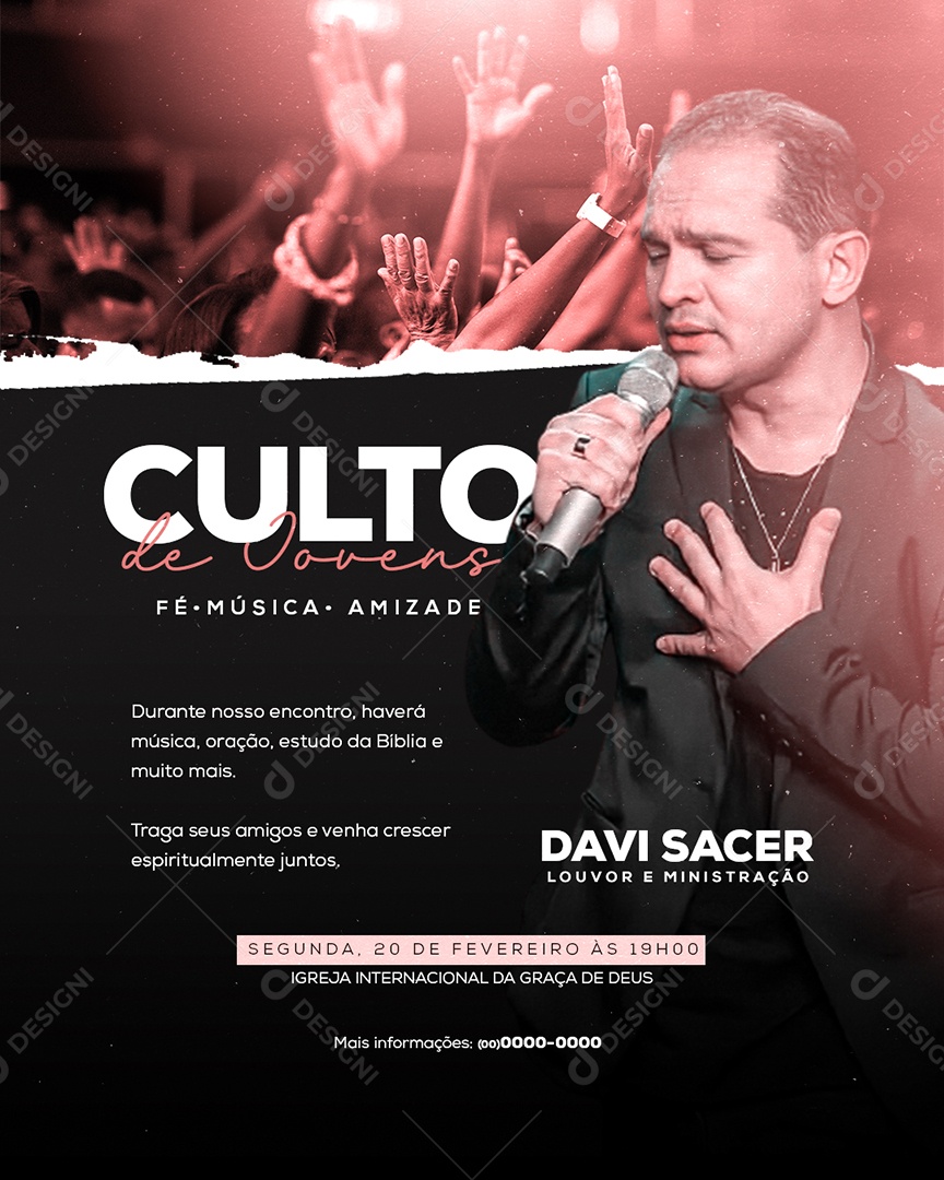 Flyer Culto de Jovens Davi Sacer Social Media PSD Editável