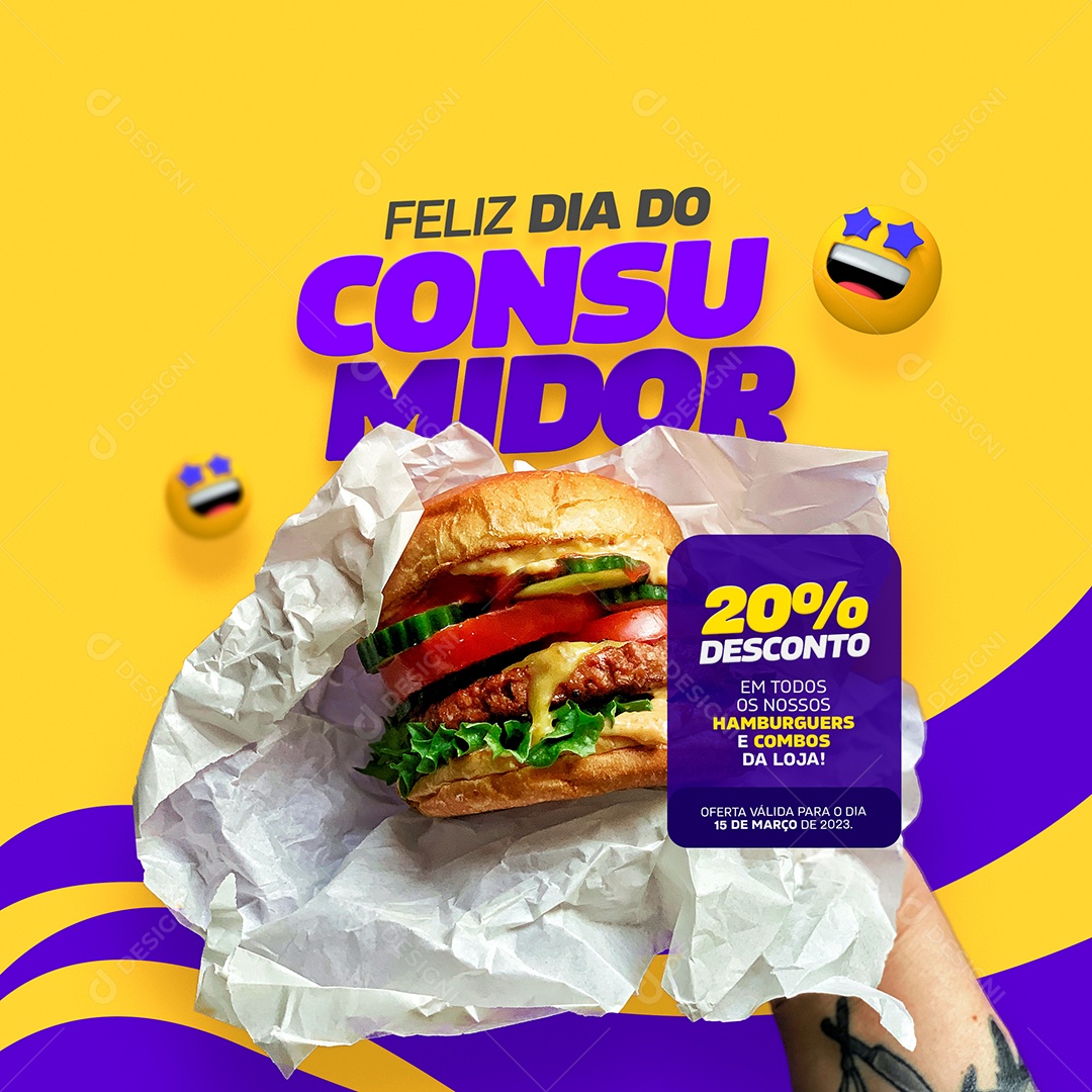 Feliz Dia do Consumidor 20% Desconto em Todos Hamburguers e Combos da Loja Social Media PSD Editável