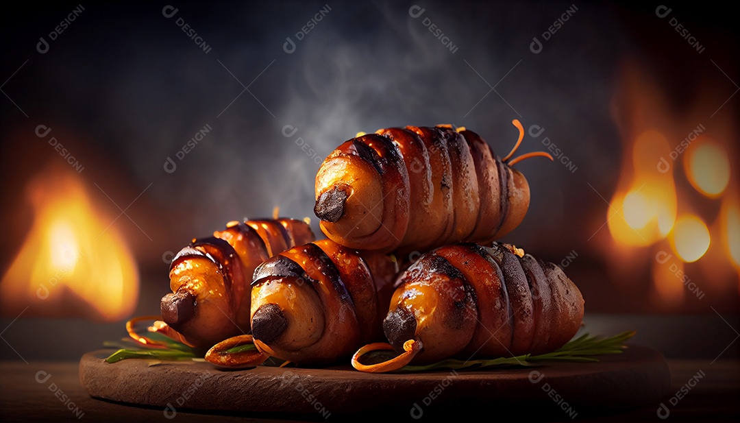 Deliciosos espetinhos de salsichas grelhadas