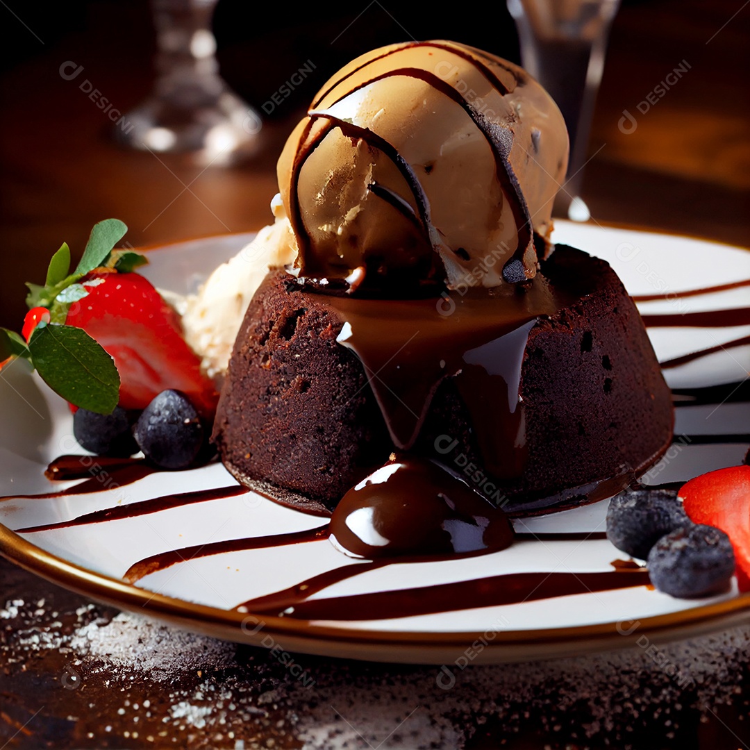 Delicioso bolo de chocolate com bola de sorvete