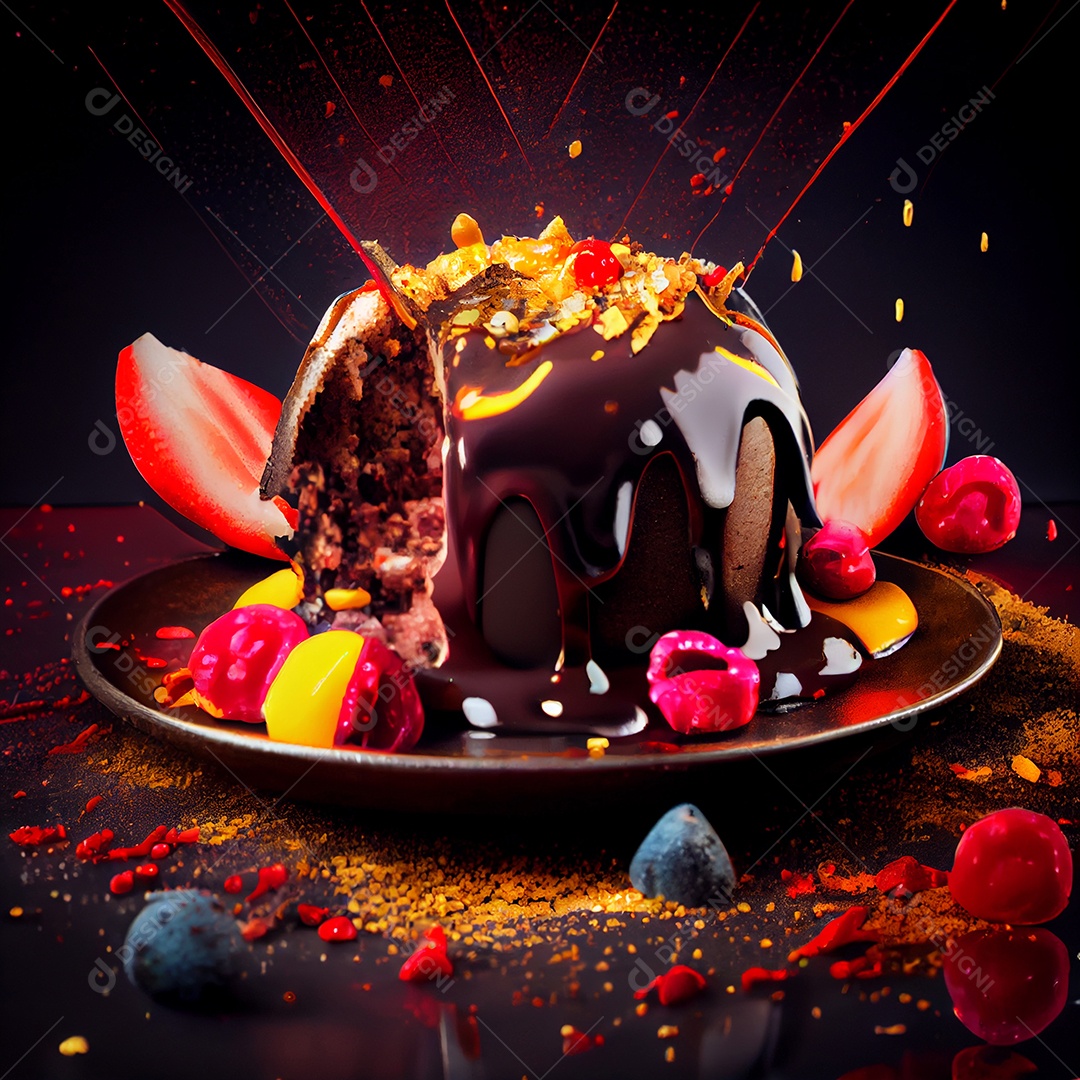 Delicioso bolo de chocolate com calda