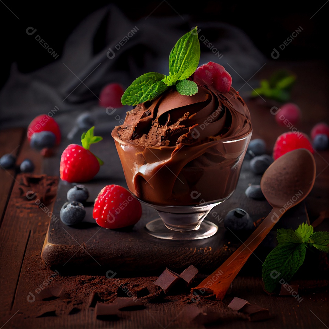 Taça de sobremesa mousse de chocolate com frutas vermelhas