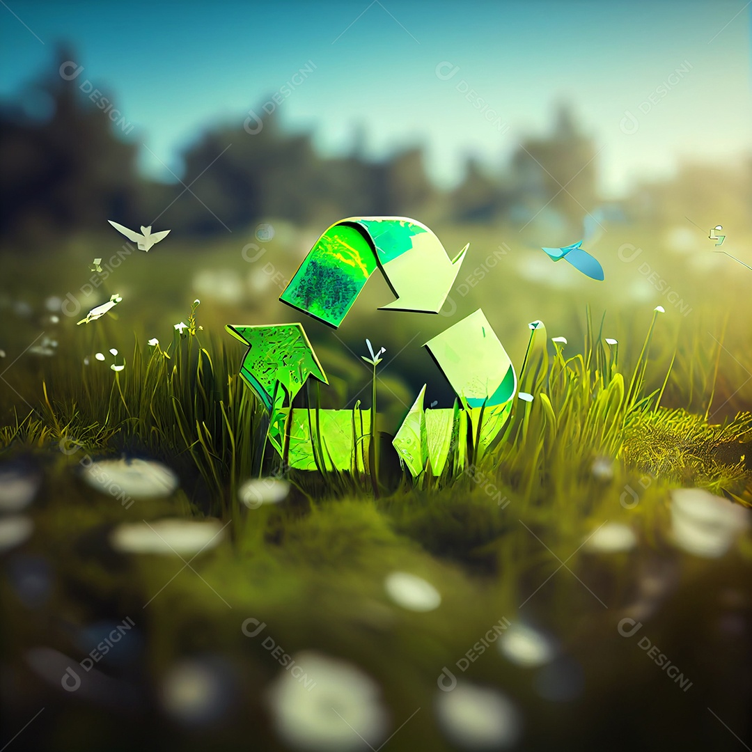 Símbolo verde de reciclar com fundo de natureza