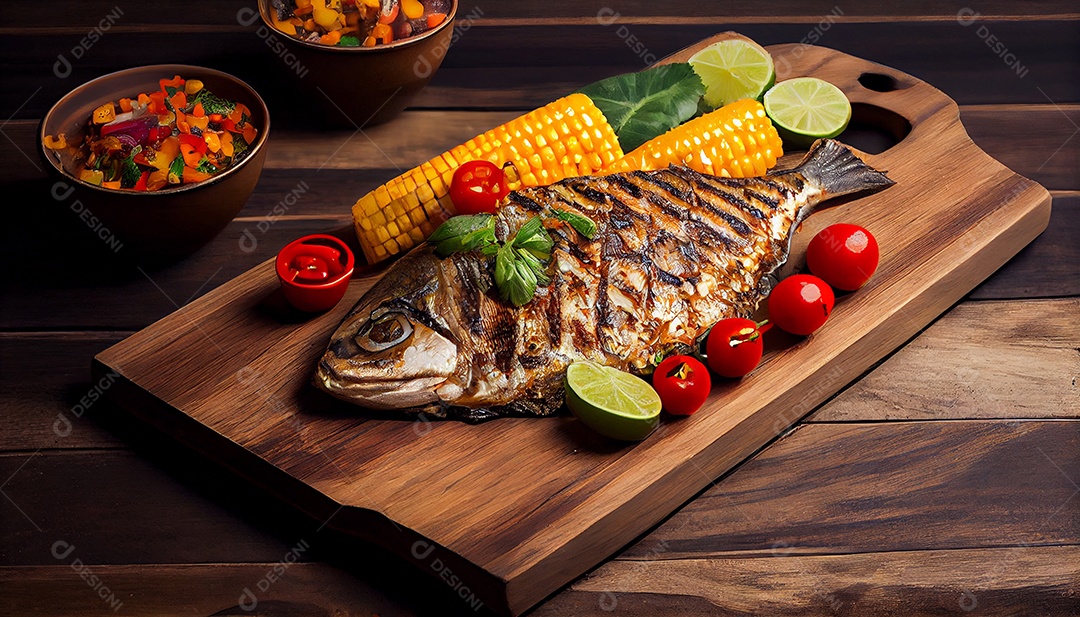 Peixe com vegetais sobre tábua de madeira