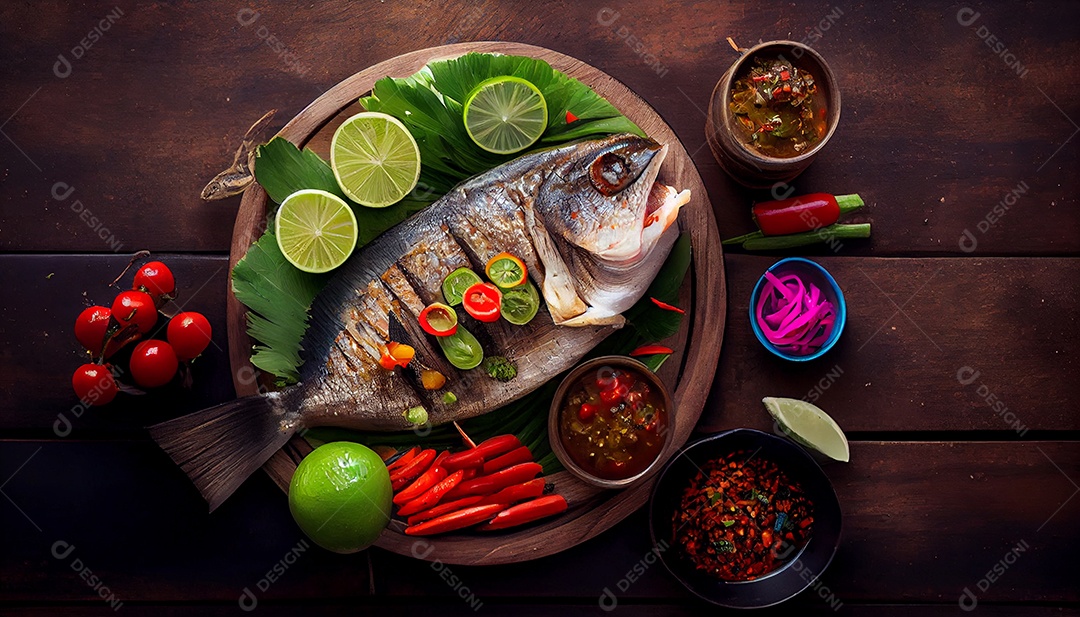 Peixe com vegetais sobre tábua de madeira