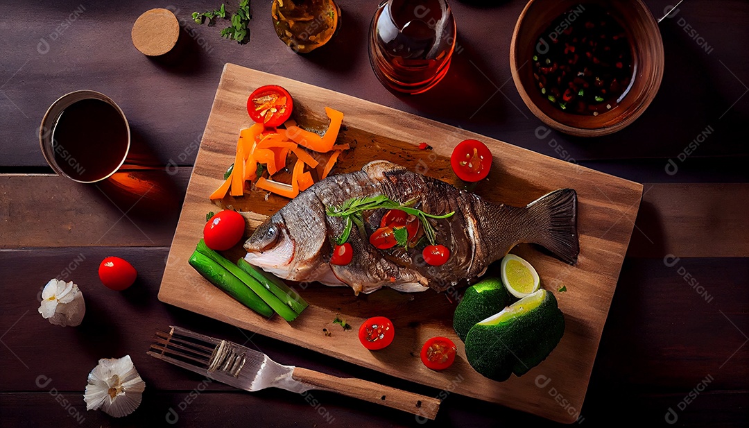 Peixe com vegetais sobre tábua de madeira