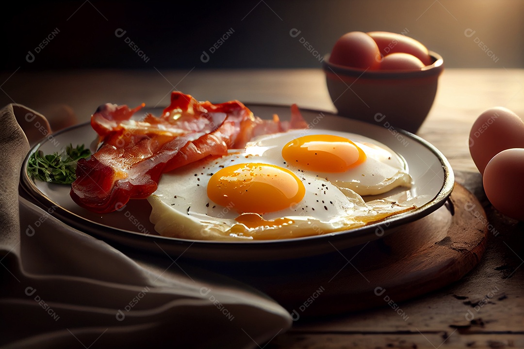 Deliciosa refeição de ovos com bacon
