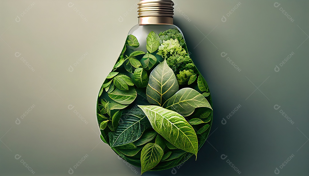 Lâmpada ecológica verde de folhas frescas vista de cima, conceito de energia renovável e dia da terra de vida sustentável a importância de amar a natureza