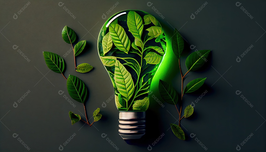 Lâmpada ecológica verde de folhas frescas vista de cima, conceito de energia renovável e dia da terra de vida sustentável a importância de amar a natureza