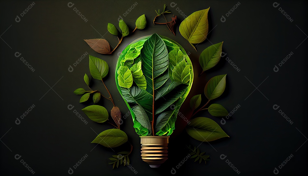 Lâmpada ecológica verde de folhas frescas vista de cima, conceito de energia renovável e dia da terra de vida sustentável a importância de amar a natureza