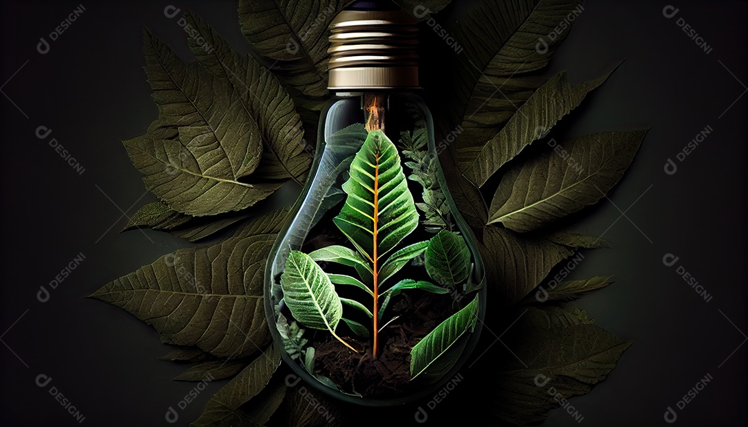 Lâmpada ecológica verde de folhas frescas vista de cima, conceito de energia renovável e dia da terra de vida sustentável a importância de amar a natureza