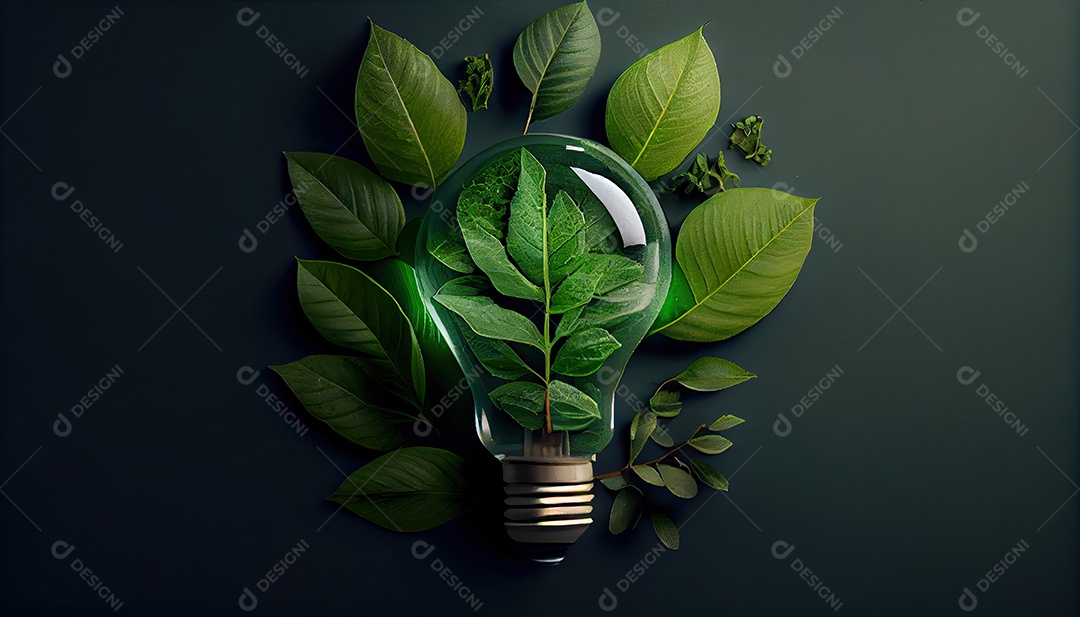 Lâmpada ecológica verde de folhas frescas vista de cima, conceito de energia renovável e dia da terra de vida sustentável a importância de amar a natureza