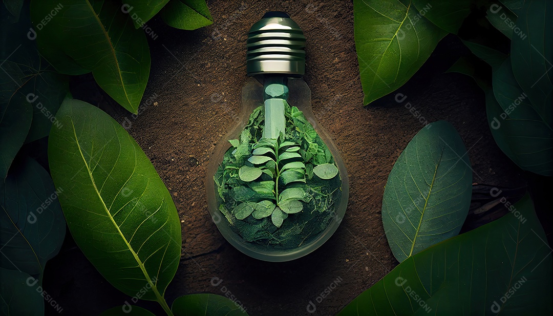 Lâmpada ecológica verde de folhas frescas vista de cima, conceito de energia renovável e dia da terra de vida sustentável a importância de amar a natureza