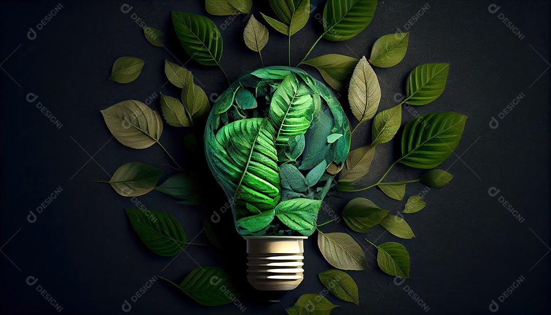 Lâmpada ecológica verde de folhas frescas vista de cima, conceito de energia renovável e dia da terra de vida sustentável a importância de amar a natureza