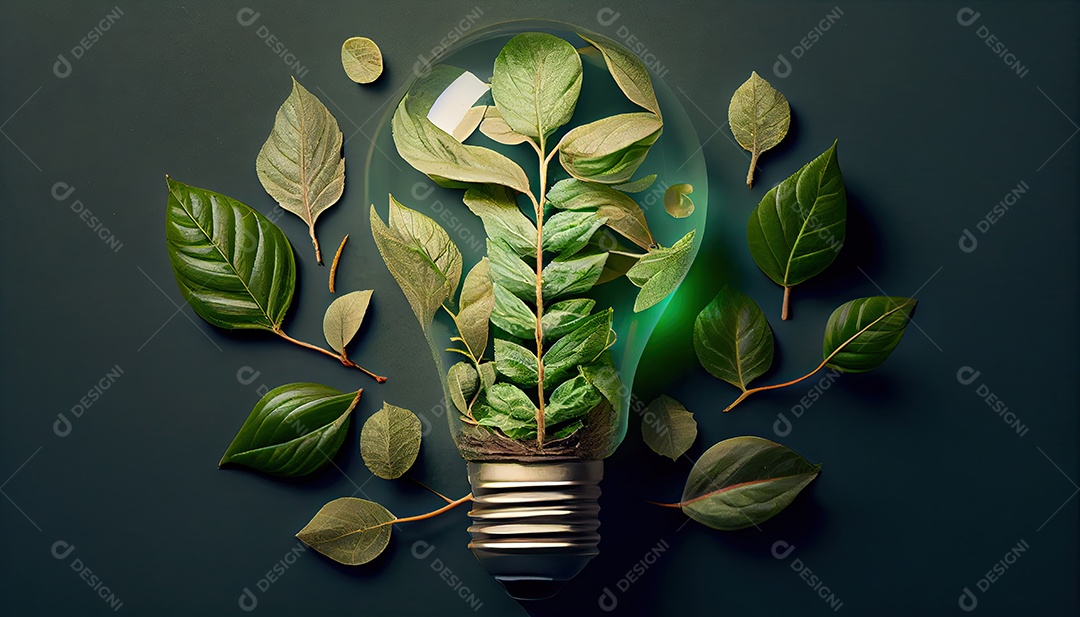 Lâmpada ecológica verde de folhas frescas vista de cima, conceito de energia renovável e dia da terra de vida sustentável a importância de amar a natureza