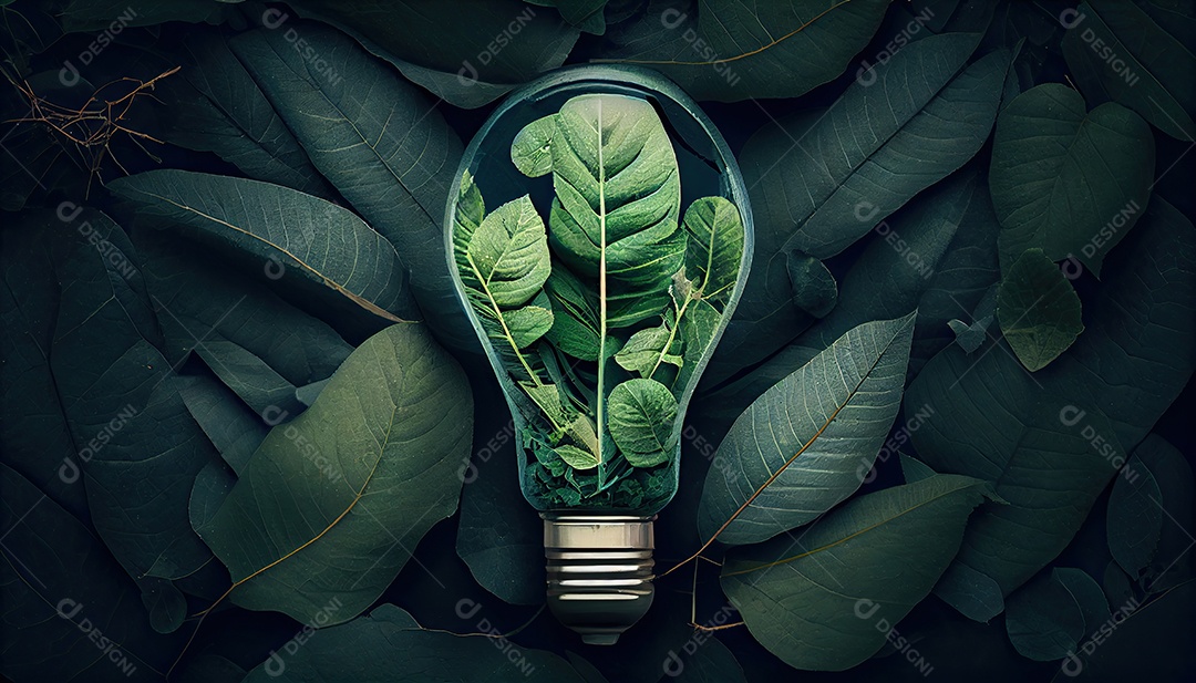 Lâmpada ecológica verde de folhas frescas vista de cima, conceito de energia renovável e dia da terra de vida sustentável a importância de amar a natureza