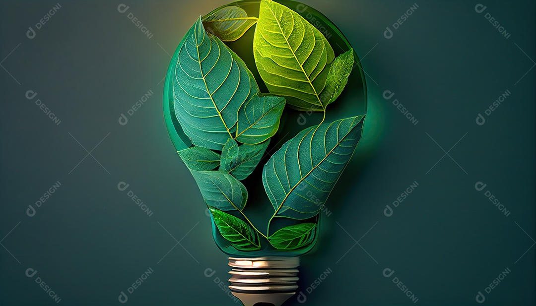 Lâmpada ecológica verde de folhas frescas vista de cima, conceito de energia renovável e dia da terra de vida sustentável a importância de amar a natureza