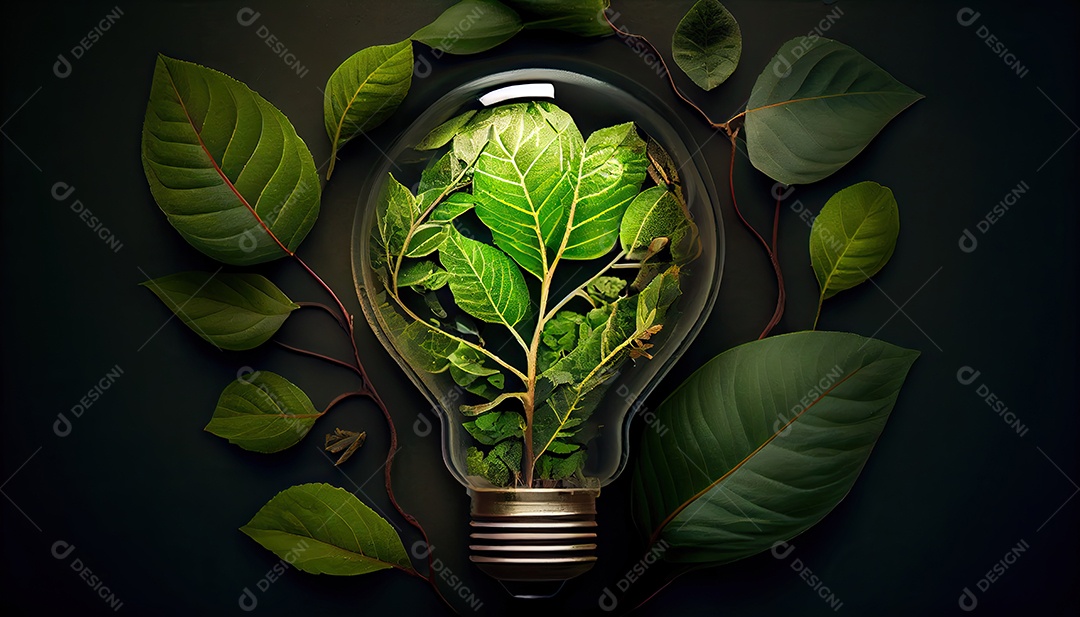 Lâmpada ecológica verde de folhas frescas vista de cima, conceito de energia renovável e dia da terra de vida sustentável a importância de amar a natureza