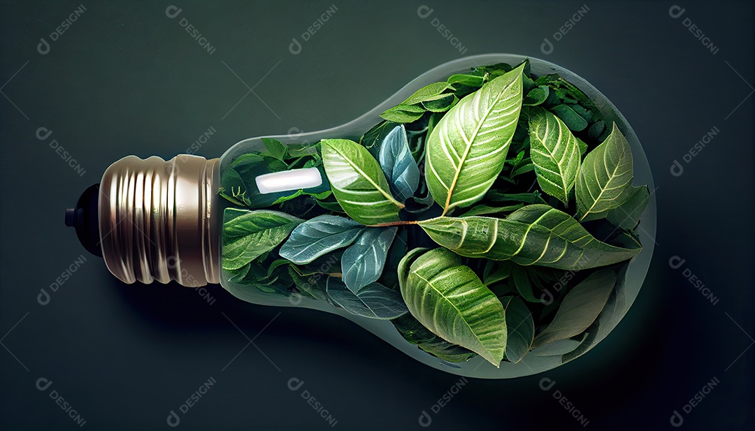 Lâmpada ecológica verde de folhas frescas vista de cima, conceito de energia renovável e dia da terra de vida sustentável a importância de amar a natureza