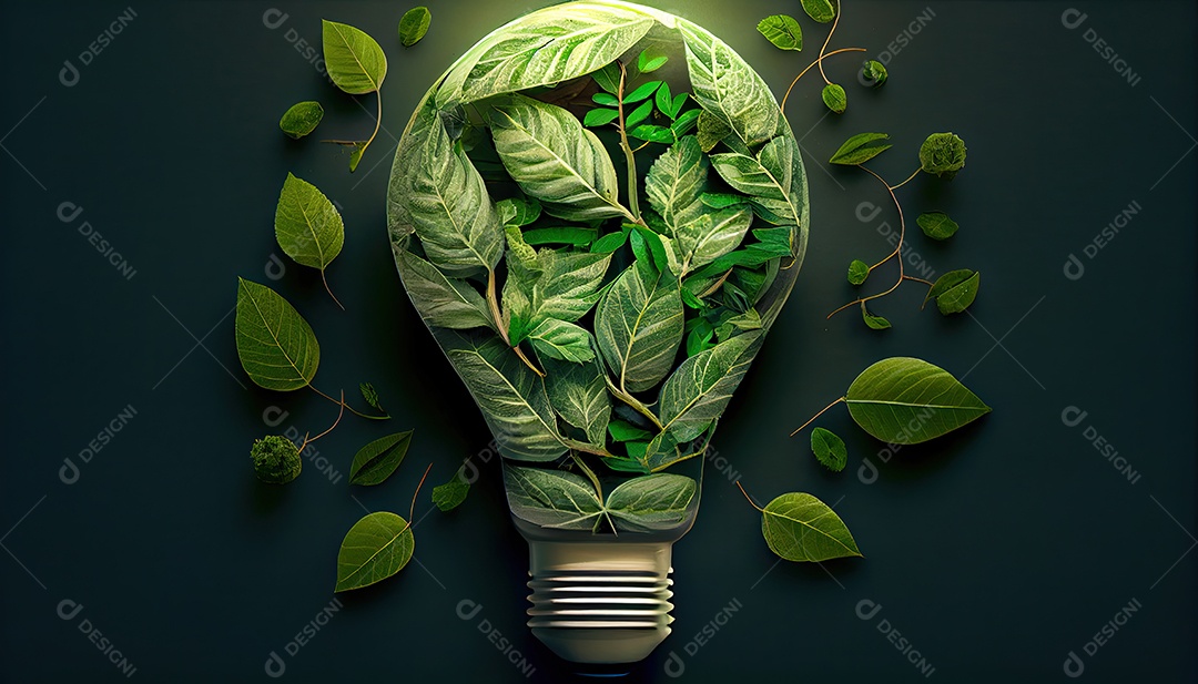 Lâmpada ecológica verde de folhas frescas vista de cima, conceito de energia renovável e dia da terra de vida sustentável a importância de amar a natureza